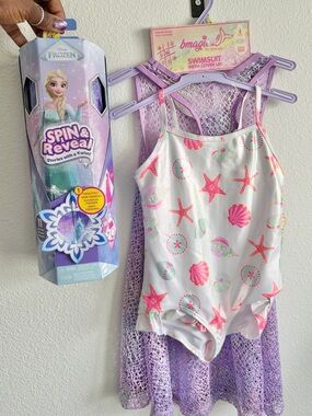 BRAND NEW BMAGICAL Girls Size 4 Swim with coverup and Frozen Spin & Reveal Doll